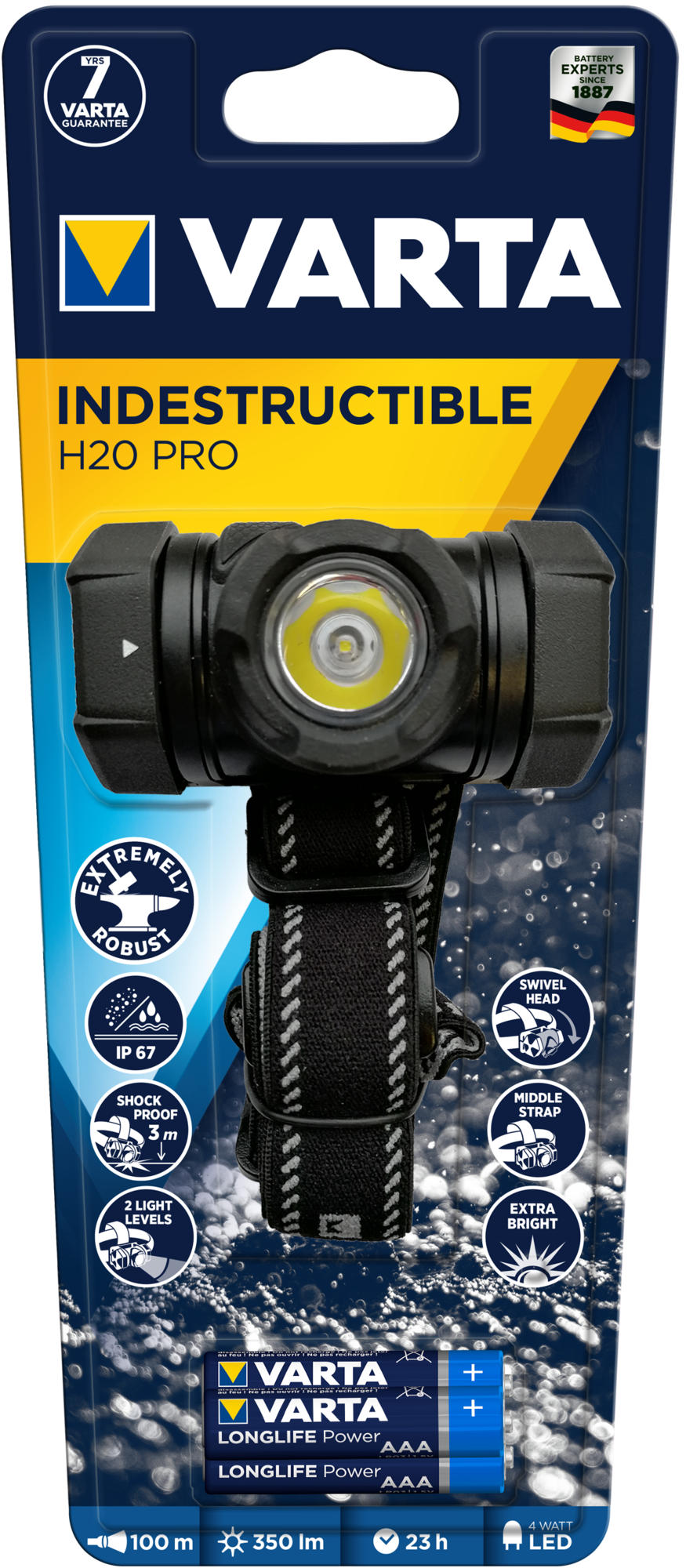 Varta Pannlampa Indestructible H20 Pro 3AAA ingår.